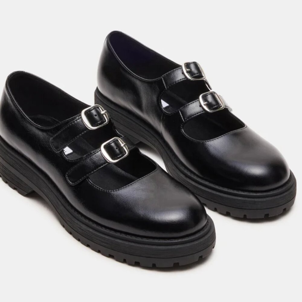 STEVE MADDEN ALBA Black Leather Mary Janes  Silver Buckles Womens Size 8.5 NEW
